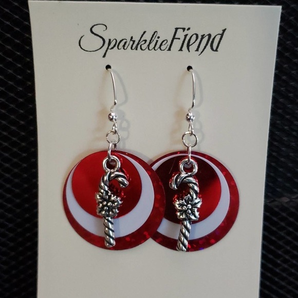 Red & white sequin and silver candy cane earrings - Picture 4 of 4
